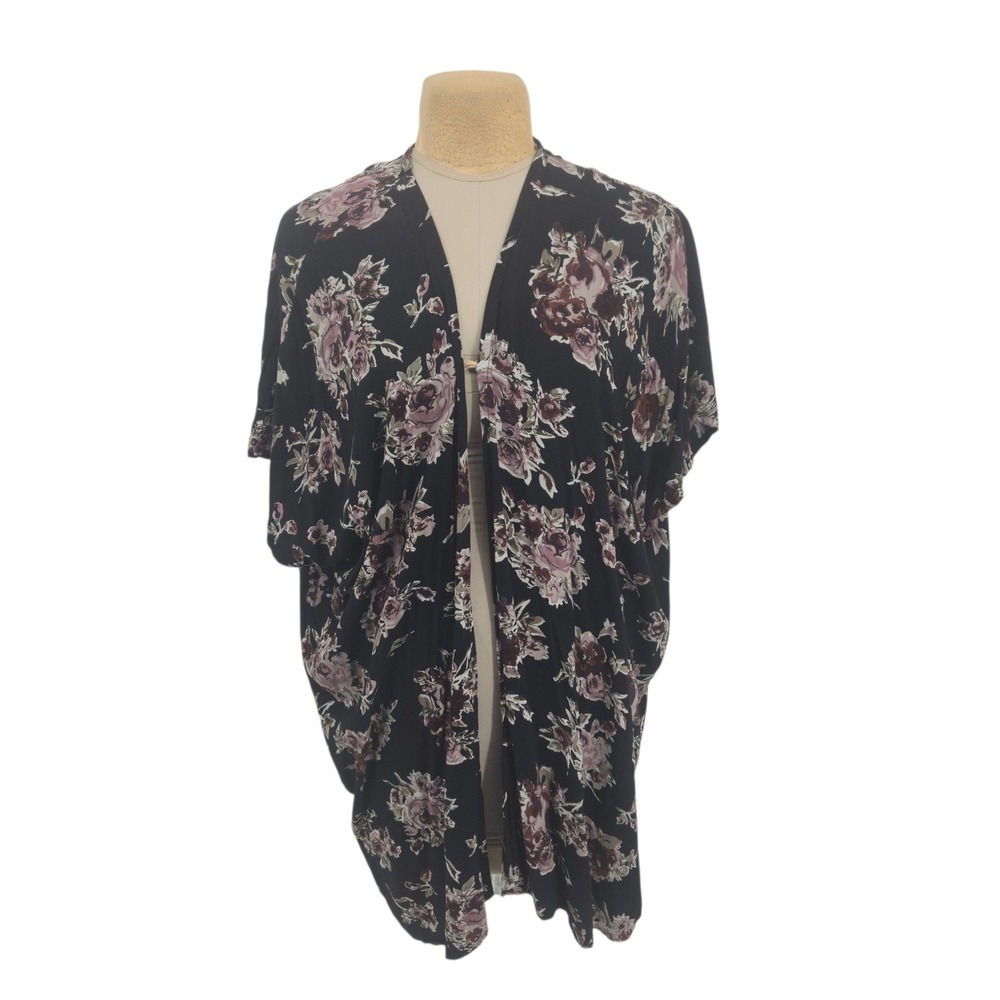 Angie Kimono Women Medium Floral Black Rayon Open Front Cardigan Cover Up